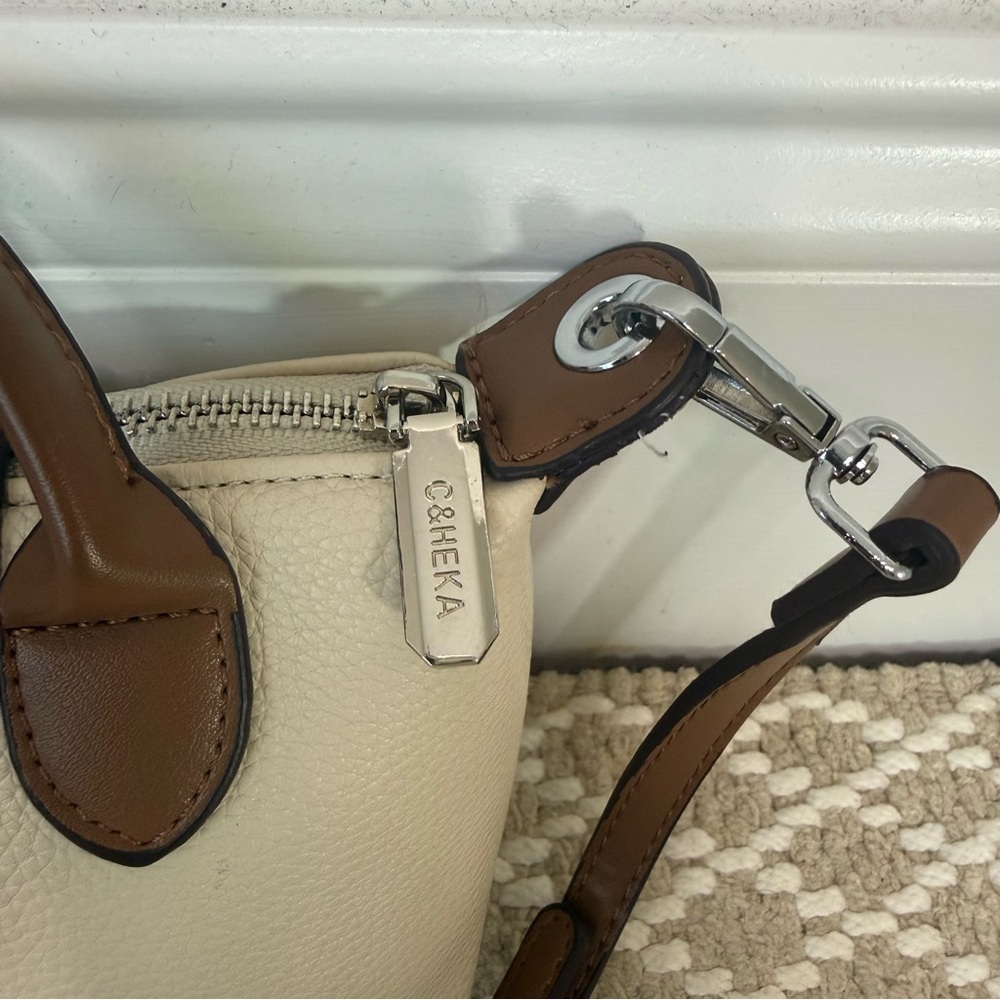Faux Leather Mini Crossbody Cream with Brown Leather Strap - Picture 7 of 8